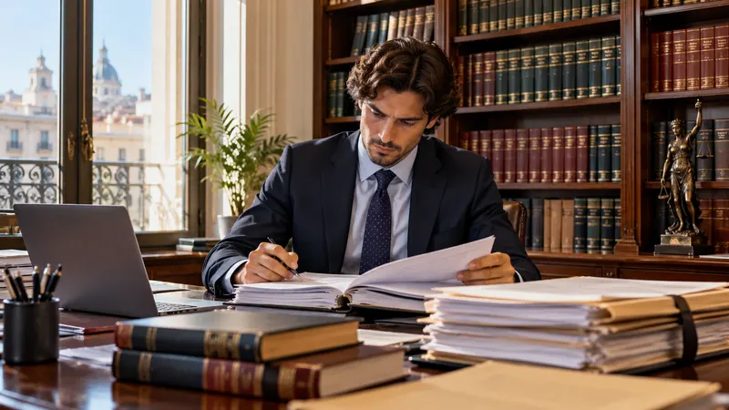 Persona joven repasando apuntes y un código legal en una mesa de biblioteca universitaria en España