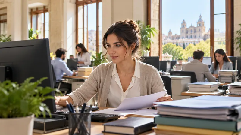 Persona estudiando con apuntes y un portátil en una mesa de oficina de una administración pública española