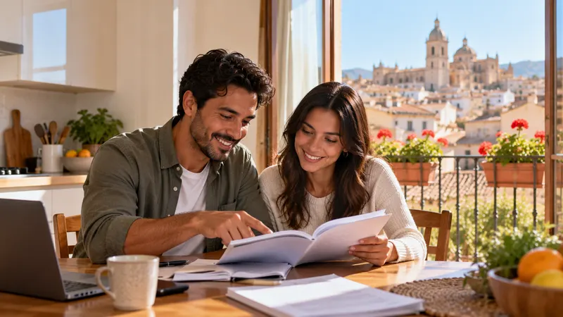 Persona adulta estudiando con un cuaderno y un ordenador portátil en una mesa junto a una ventana, en un piso de una ciudad española