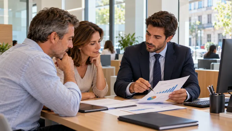 Profesional de banca estudiando gráficos financieros en un portátil en una oficina luminosa de una ciudad española