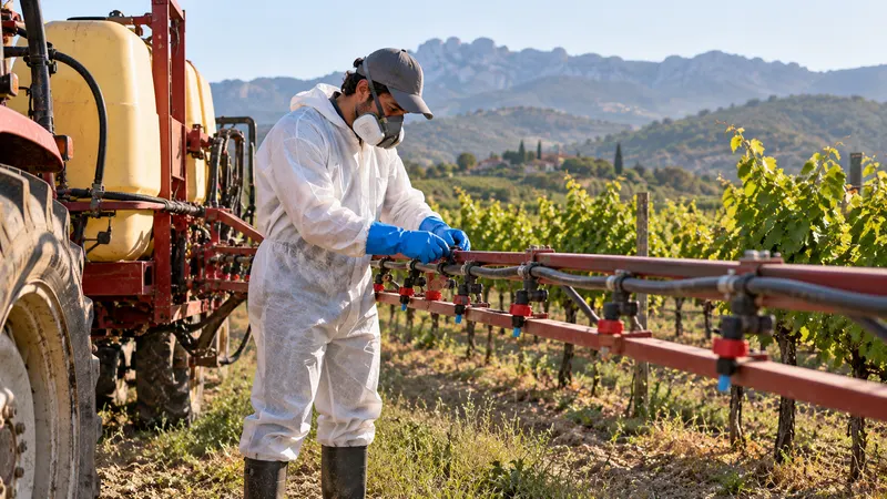 Agricultor con guantes, mono y gafas de protección revisando las boquillas de un pulverizador de barra en un campo de cereal en España