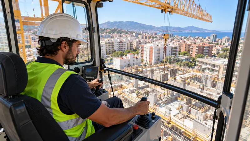 Grúa torre con pluma horizontal sobre un edificio en construcción, con un operario guiando una carga desde el forjado