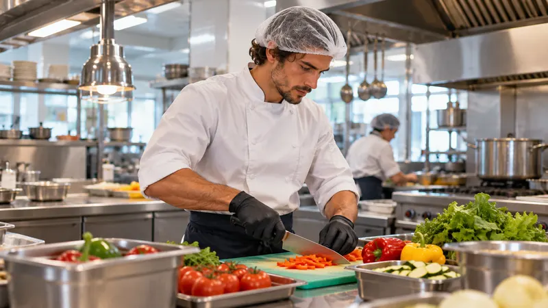 Cocinera con gorro y ropa blanca de trabajo lavándose las manos en el lavamanos de la cocina de un restaurante español