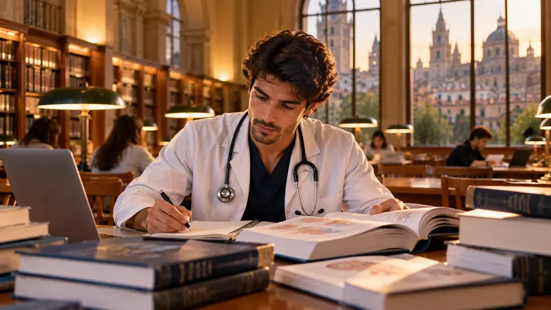 Estudiante de Medicina repasando apuntes y un libro de texto en una sala de estudio de un hospital universitario español