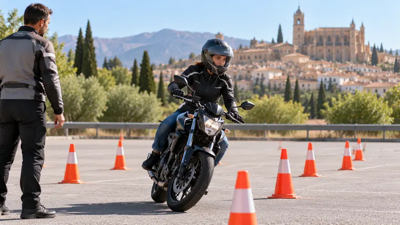 Un motorista con casco integral, chaqueta con protecciones, guantes y botas circula en una moto de media cilindrada por una carretera de montaña en España
