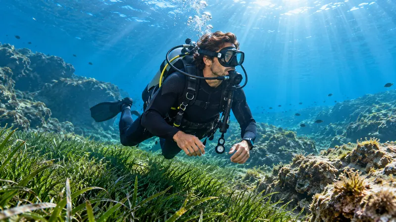 Dos buceadores con equipo autónomo nadando juntos sobre una pradera submarina en aguas claras del Mediterráneo