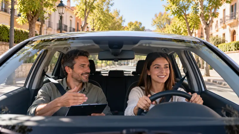 Una alumna conduce un turismo de autoescuela por una calle de una ciudad española con un profesor en el asiento del acompañante