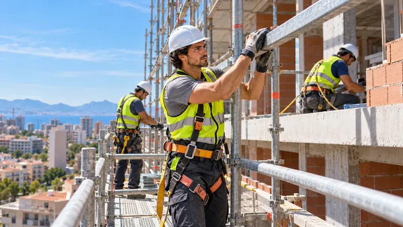 Trabajadores con casco y arnés sobre un andamio tubular con barandillas en una obra de edificación
