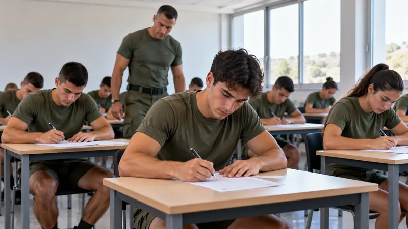 Joven aspirante resolviendo ejercicios de razonamiento en un cuaderno, sentado en un banco de un parque de una ciudad española